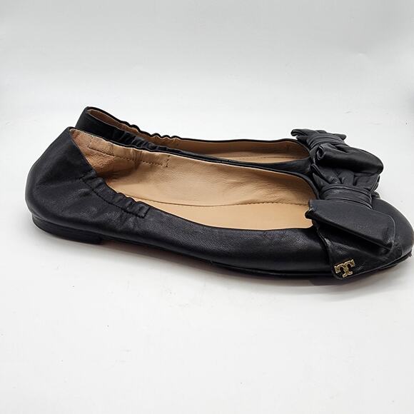 Tory Burch Divine Driver Bow Ballet Flats Black Leather Slip-on Shoes 7.5M - Picture 4 of 7